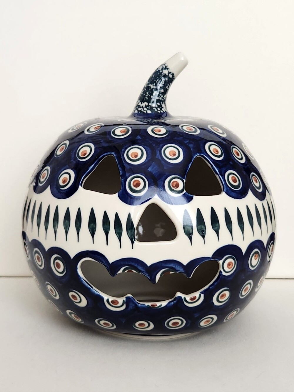 Polish Pottery Peacock Halloween Jack o Lantern Pumpkin Lantern - 7" tall